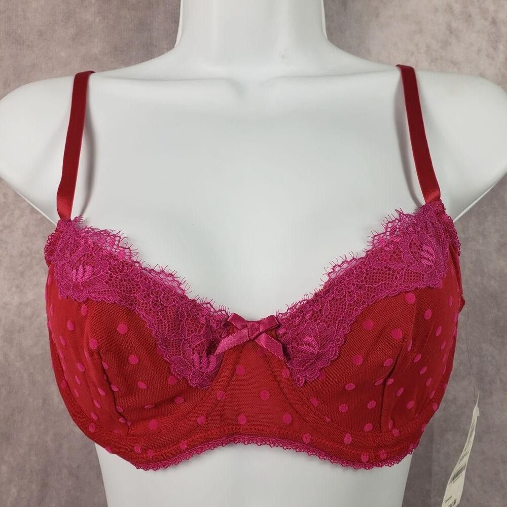 INC Intimates Bra Womens Small Red Pink Crimson Leaf Lace Polka Dot Underwire